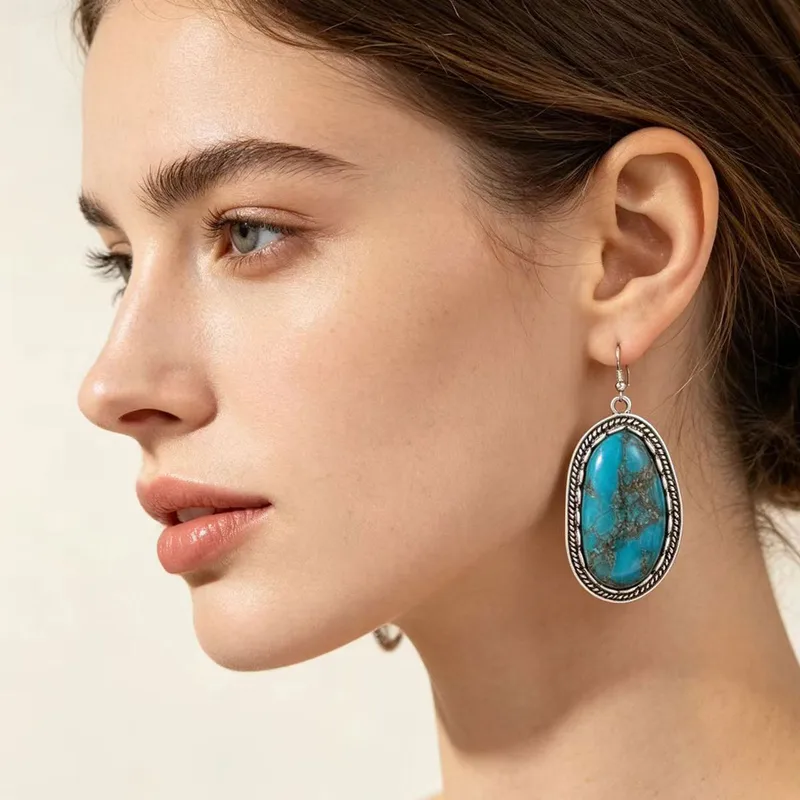 Ethnic Style White Earrings Featuring Turquoise Inlay for Unisex Wear