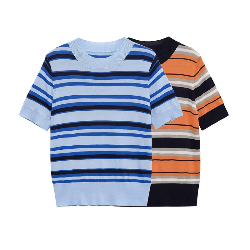 British Style Stripe Pullover Knitwear for Women in Polyester Fabric Featuring Patchwork Design with Round Neck