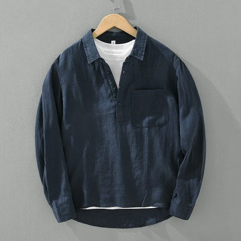 Men's Loose Long Sleeve Linen Shirt with Contrast Collar and Square Neck