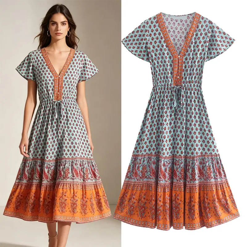 Ethnic Style Floral Dress with V Neck and Short Sleeve, Polyester Maxi Long Dress
