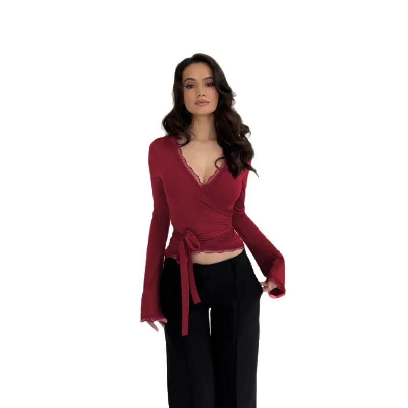 Sexy Slim Fit Long Sleeve V Neck Solid Color T-Shirt with Lace Detail for Women