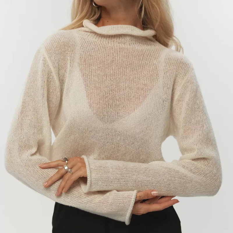 Solid Color Long Sleeve Acrylic Streetwear Pullover Sweater for Women Featuring Hollow Out Design