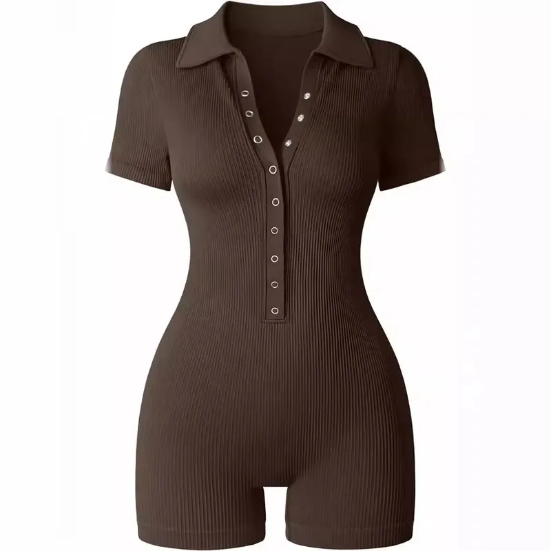 Sexy Women’s Solid Color Rompers with Button Detail, Polyester Fabric, Teddies Style, Holiday Three-Quarter Pants