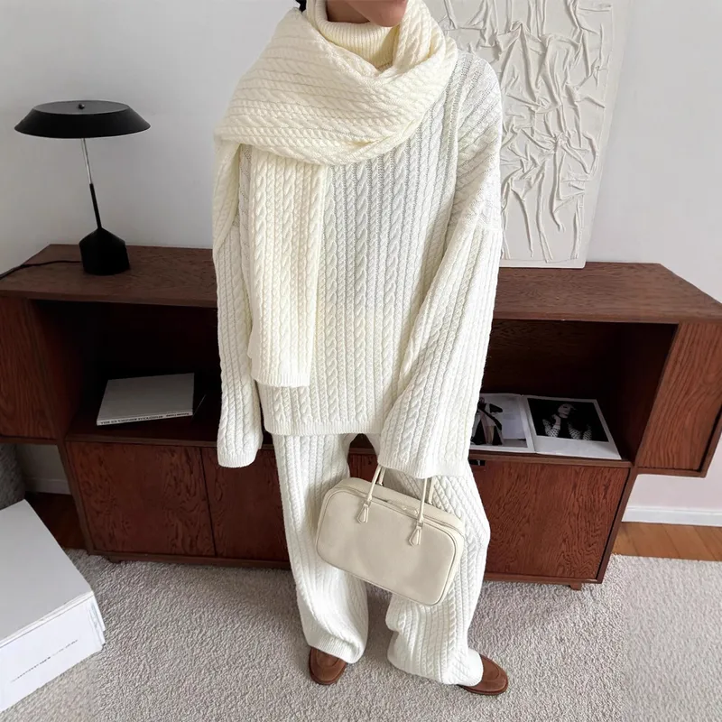 Casual Pant Co-ord Set in Viscose Fiber Featuring Knitted Craft with Long Regular Sleeves, 2 Pieces Pullover Set