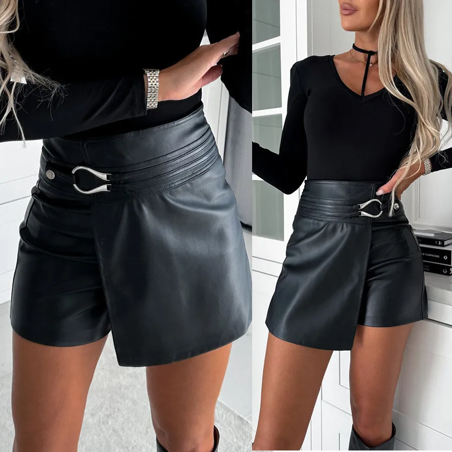 Women’s Casual Solid Color PU Leather Patchwork Casual Shorts, Daily Wear, Three-Quarter Length