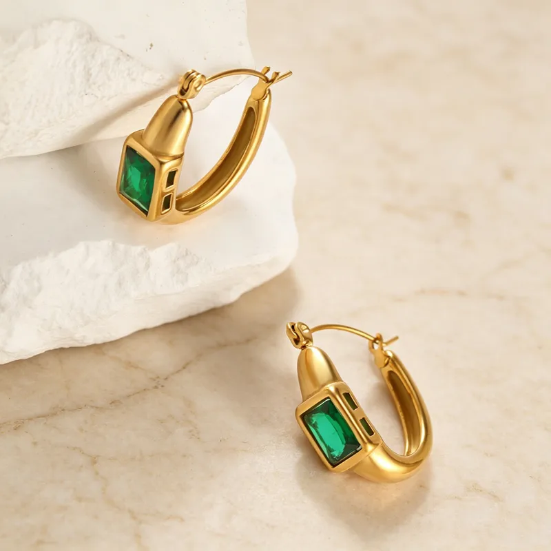 Geometric Earrings Crafted from 316 Stainless Steel with 18K Real Gold Plating and Glass Inlay, Unisex Design