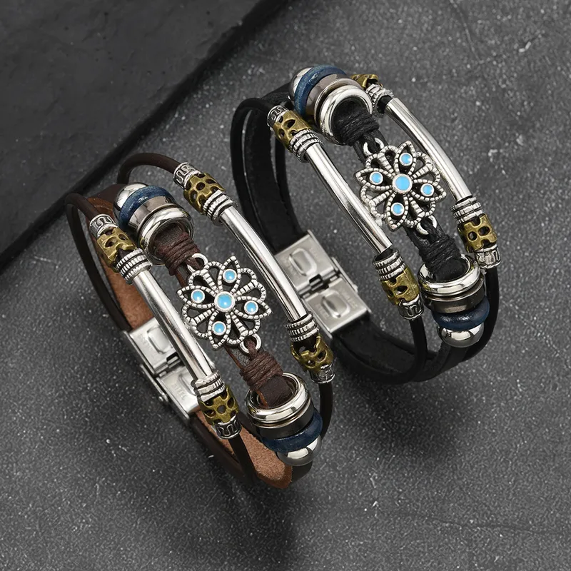 New Retro Ethnic Turquoise Lace Multi-layer Leather Stainless Steel Bracelet for Men and Women Couple Bracelet