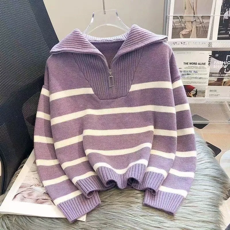 Striped Plaid Long Sleeve Acrylic Pullover Sweater with Zipper