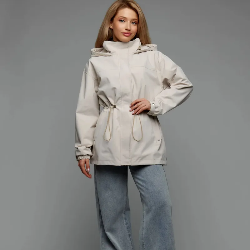 Casual Solid Color Outdoor Jacket for Women with Zipper Placket, Standing Collar, Polyester Fabric, and Drawstring Detail