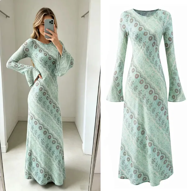 Printing Long Sleeve Round Neck Sheath Dress in Cotton Polyester Fabric for Vacation and Travel