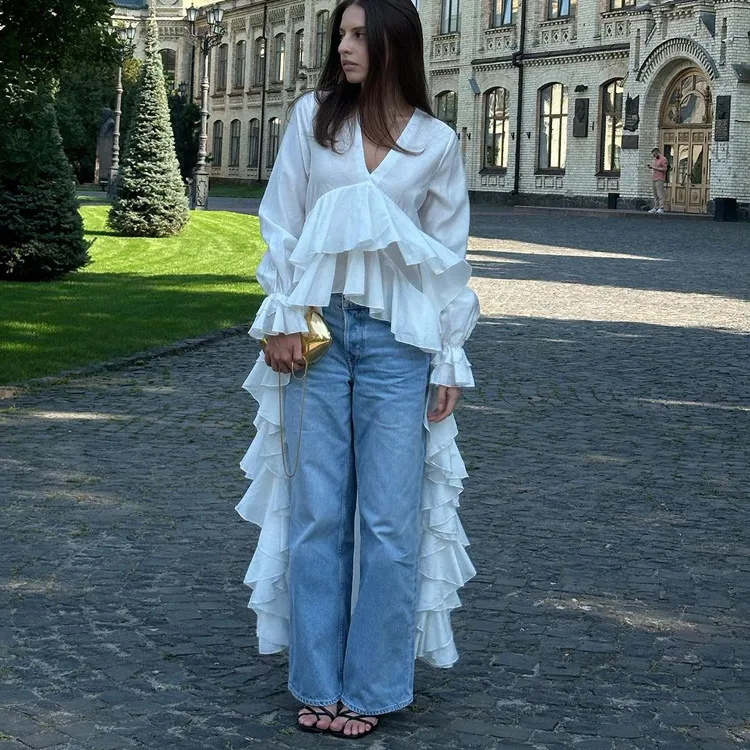 Solid Color Long Sleeve Vacation Shirt for Women in Polyester Fabric Featuring Ruffles and Pullover Design