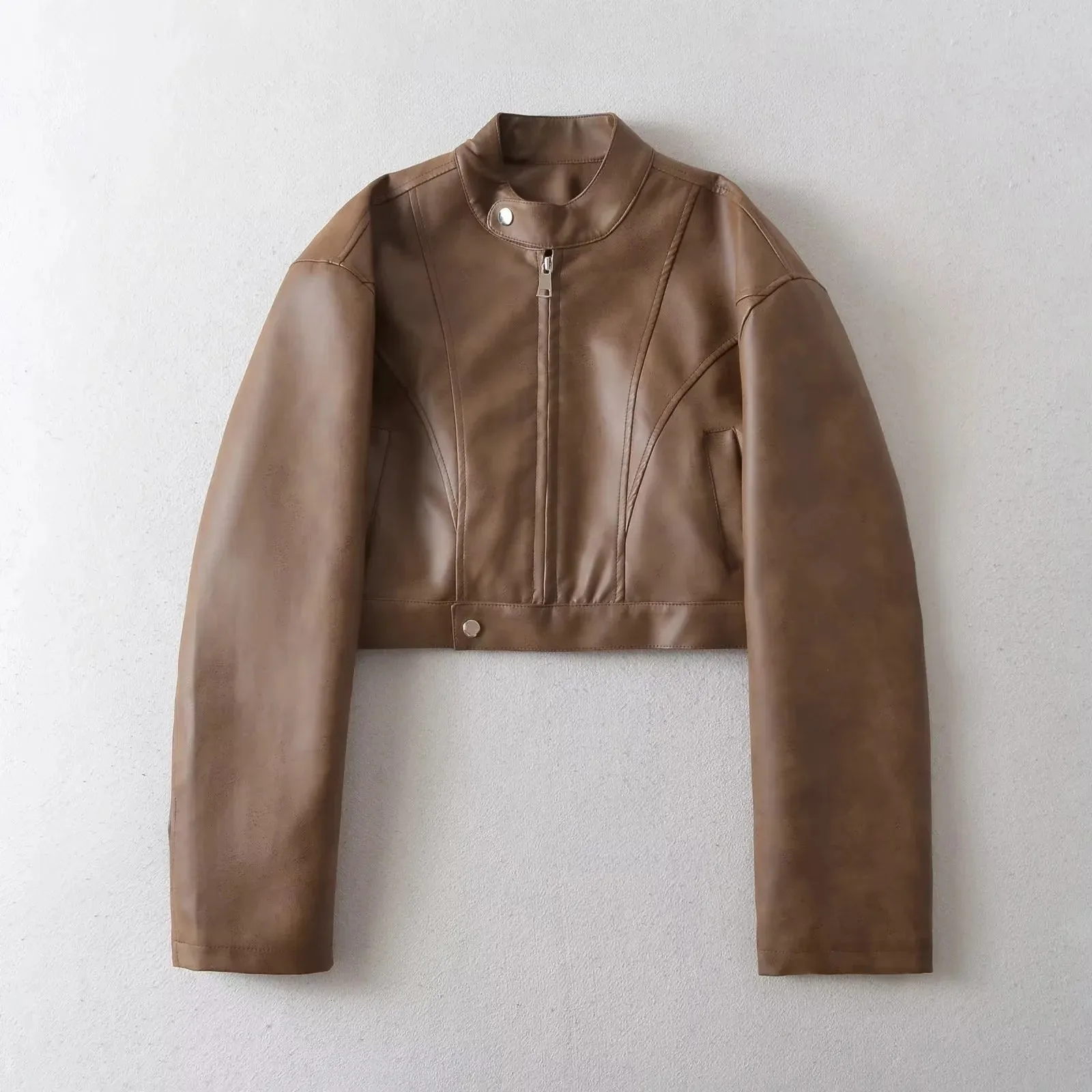 Streetwear Women's Leather Jacket with Zipper Placket and Standing Collar, Washed Polyester Fabric