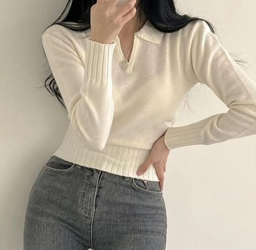 Women's Slim Fit Dark Grey Solid Long Sleeve Viscose Pullover Sweater with Shirt Collar for Business Commute