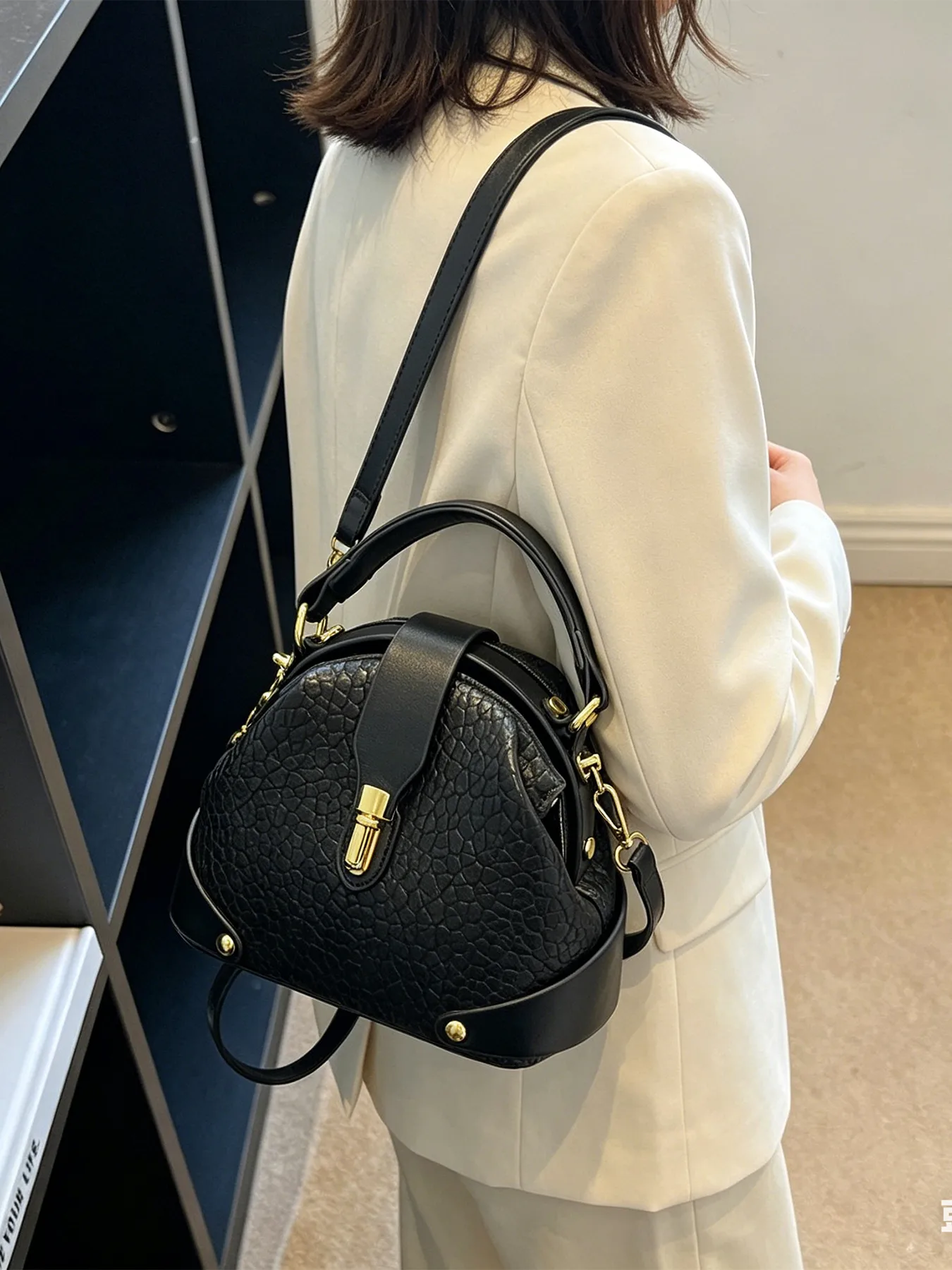 Color Block PU Leather Shell Crossbody Bag for Women with Sewing Thread Detail and Single Shoulder Strap